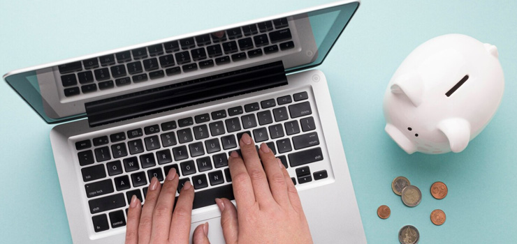 Top view finance elements with white piggy bank