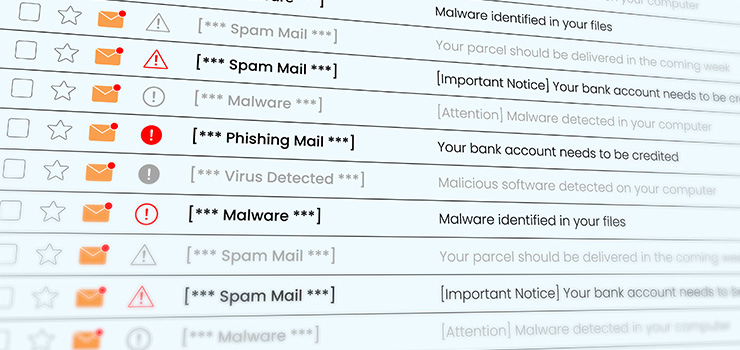 A laptop email inbox filled with phishing and spam emails