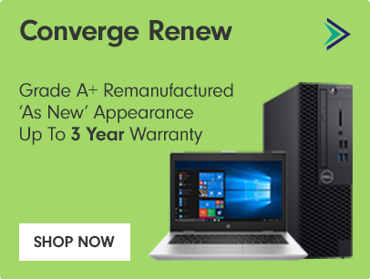Converge Renew Text advertising Converge Renew - Grade A+ Remanufactured, Up to 3 year warranty and a picture of a laptop and desktop PC