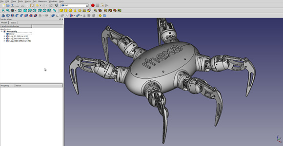 Screenshot of FreeCAD free cad software. It shows the work area and a model of a robotic bug.