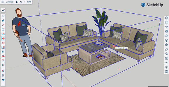 Screenshot of Sketchup Free free CAD software. It shows the work area and model of a bearded figure standing next to a living room suite.