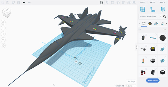 Screenshot of TinkerCAD free CAD software. It shows the work area and a model of a jet fighter