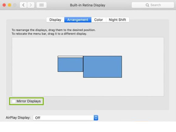 Mirror displays option within the displays arrangement section in apple mac system preferences