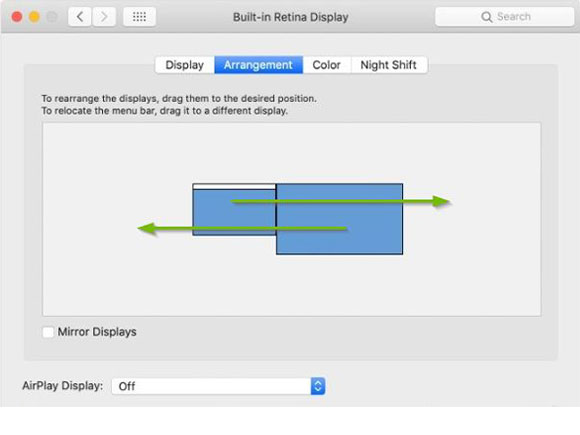 A view of the screen switching within the displays arrangement section in apple mac system preferences