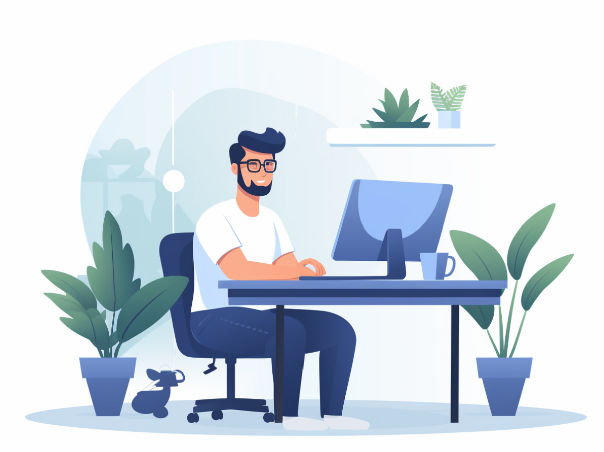 Man working at a well set up desktop PC.