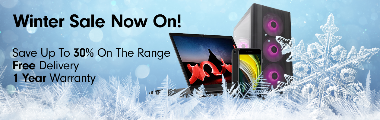 A winter background with a laptop, phone and gaming pc offering 30% off Winter Sale