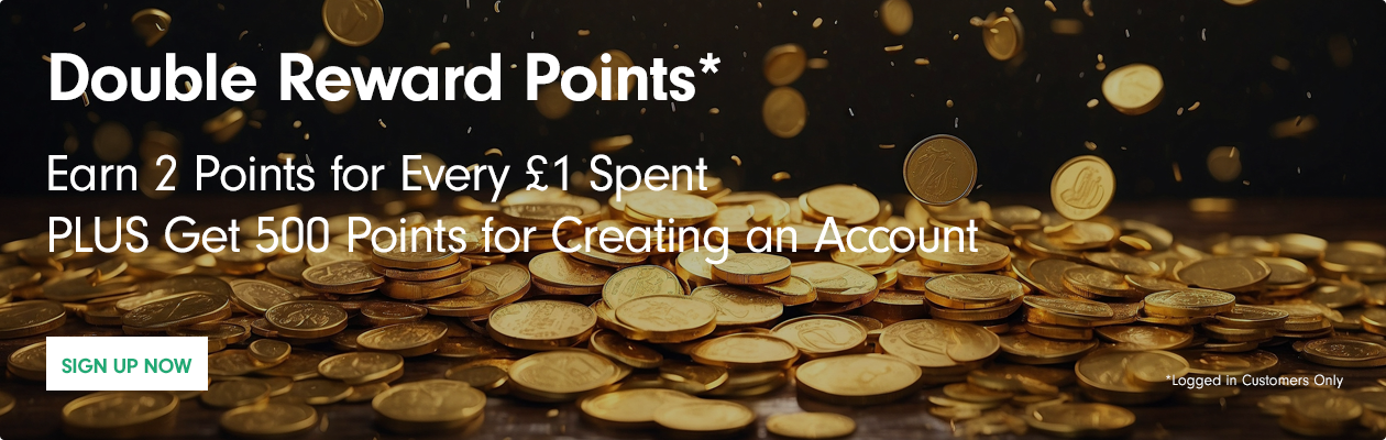 A Background of gold coins with the text Double Rewards Points - Earn 2 Points for Every £1 spent