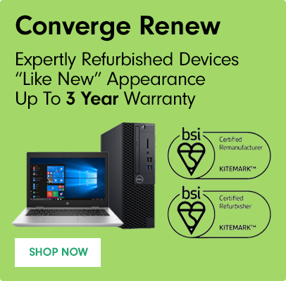 Converge Renew - Expertly Refurbished Devices, Like New Appearance and Up To 3 Year Warranty. Images of a Laptop and Desktop PC and BSI Kitemark Logos
