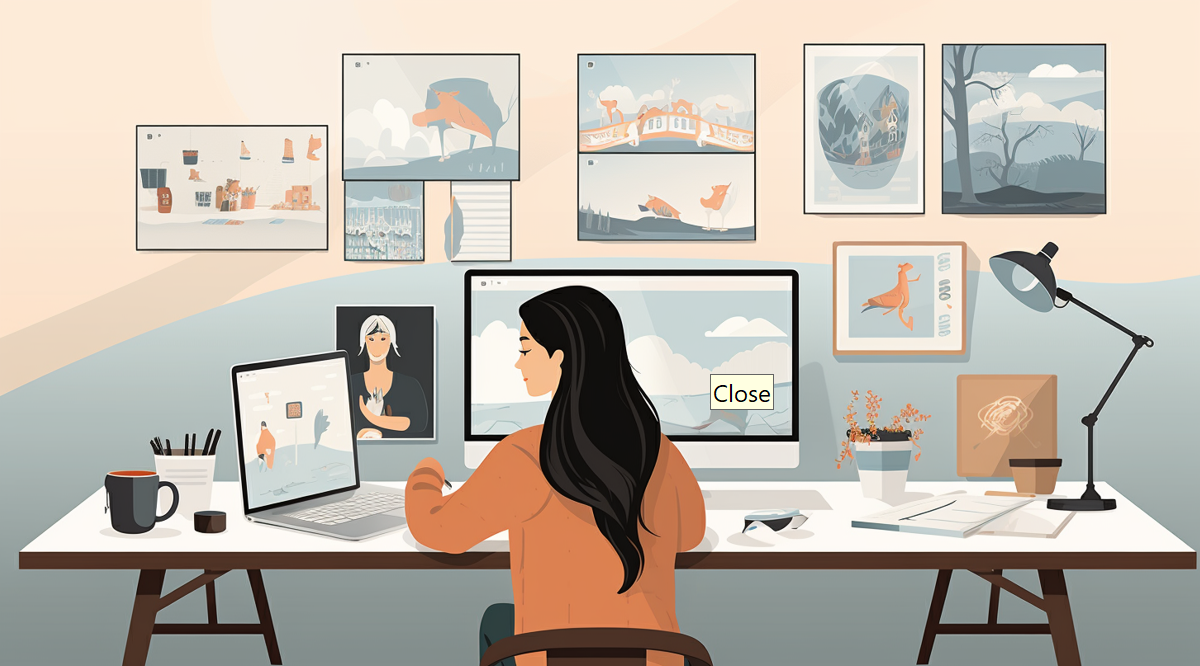 Woman edits photographs using free software on a laptop and desktop computer.