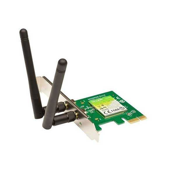 PC Wifi expansion card showing the printed circuit board and plastic antenna.