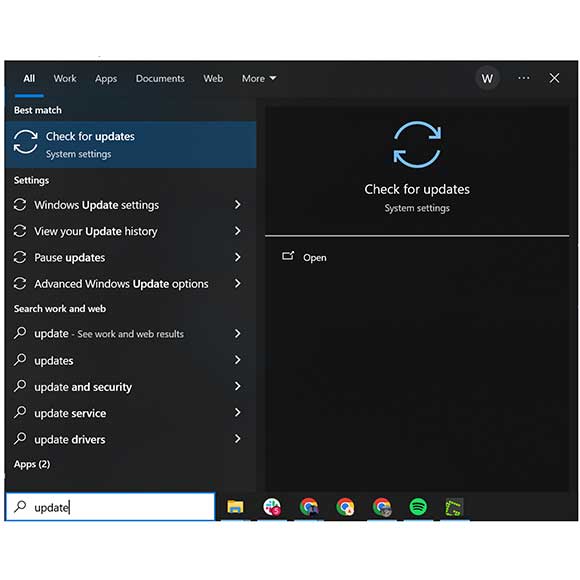 The Windows 10 menu. The word ‘update’ is typed into the search bar and ‘Check for updates’ is highlighted